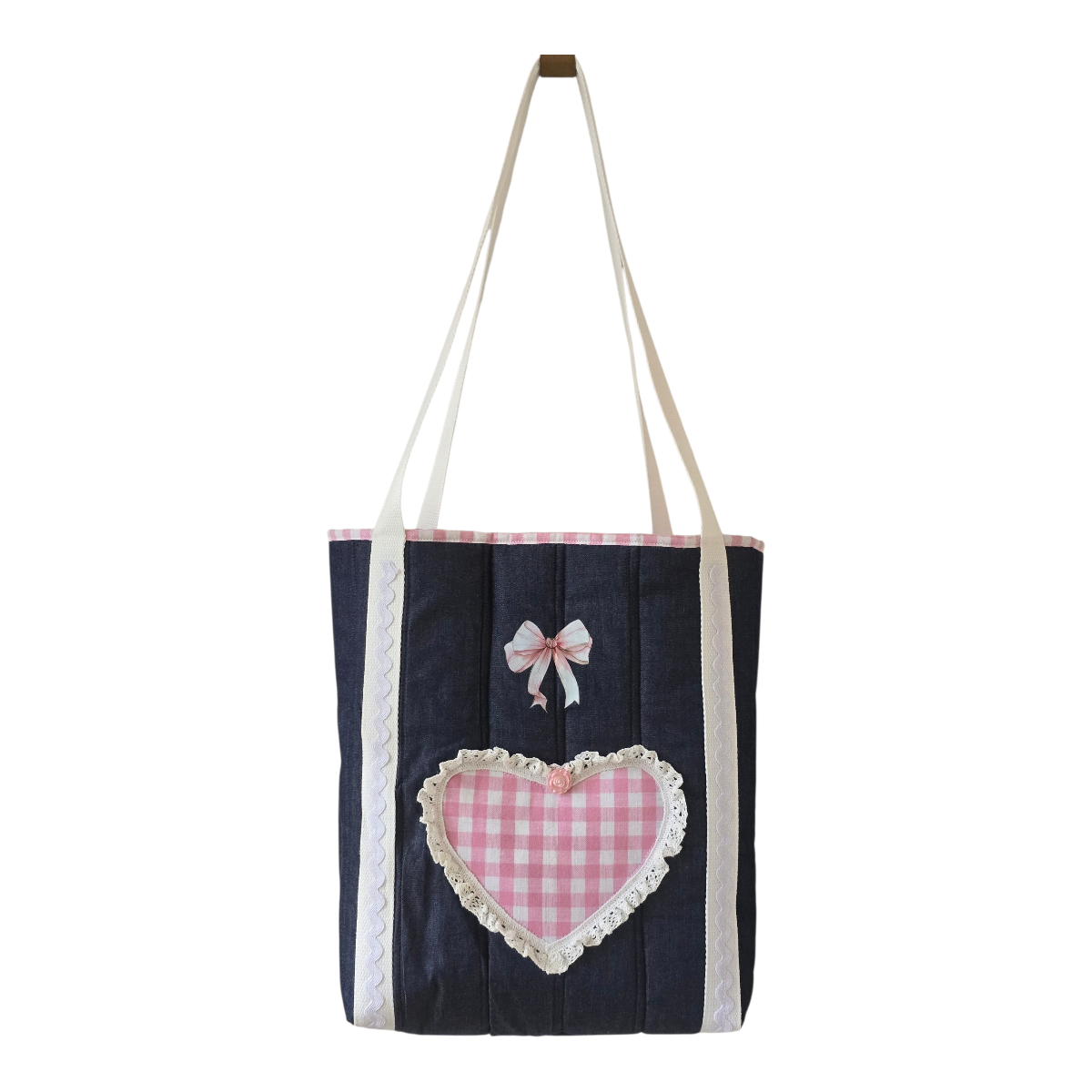 Handmade Quilted Denim and Pink Gingham Bag